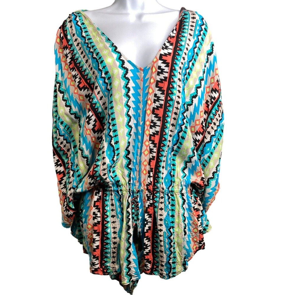 Seafolly Multicolor Aztec Playsuit Romper M Beachy Summer Flowy Boho-Fun Resort